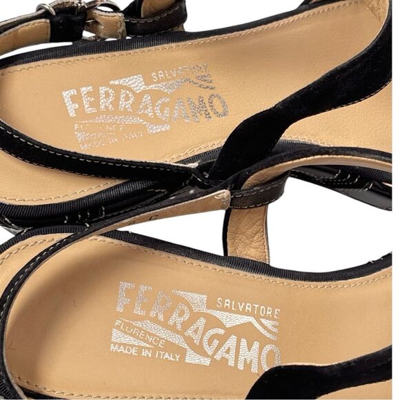 Salvatore Ferragamo Black Geometric Leather Wedge Heel Sandals Women’s Size 8 - Picture 5 of 9